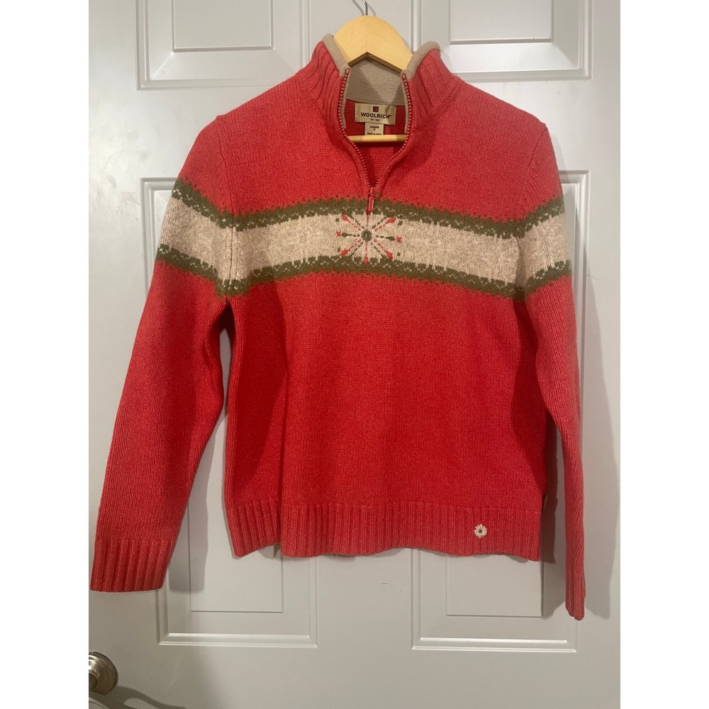 Woolrich Lambswool Quarter Zip Sweater Womens Small Coral Pink Fair Isle Excelle